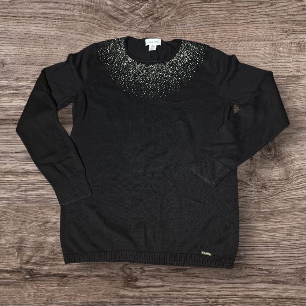 Calvin Klein Cotton Atlantis Black Pique Neck Gold Studded Sweater Women's M